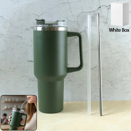 Stainless Steel Vacuum Insulated Tumbler with Lid Handle and Straw 1200ml Travel Mug for Hot and Cold Drinks (Approx 1200 Ml)