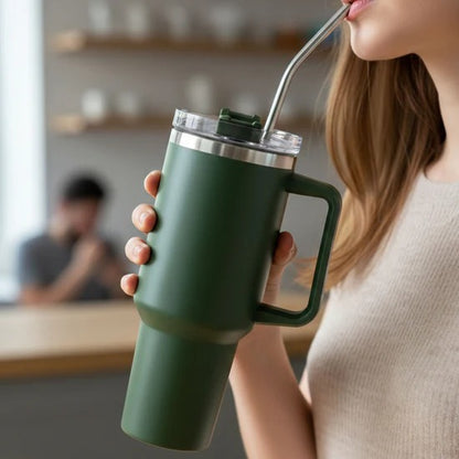 Stainless Steel Vacuum Insulated Tumbler with Lid Handle and Straw 1200ml Travel Mug for Hot and Cold Drinks (Approx 1200 Ml)