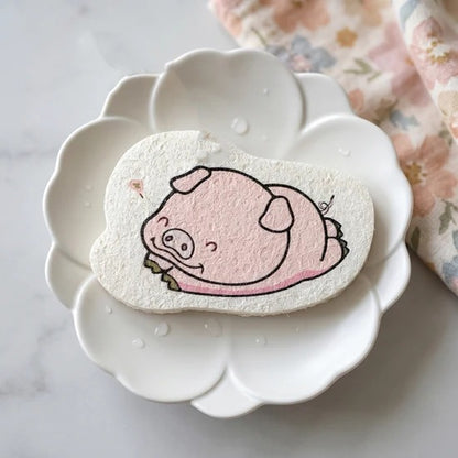 Compressed Wood Pulp Sponge Dishwashing Scouring Pad Cartoon Design Absorbent Kitchen Cleaning Scrubber for Plates Pots Pans Sink Stove and Bathroom (1 Pc)
