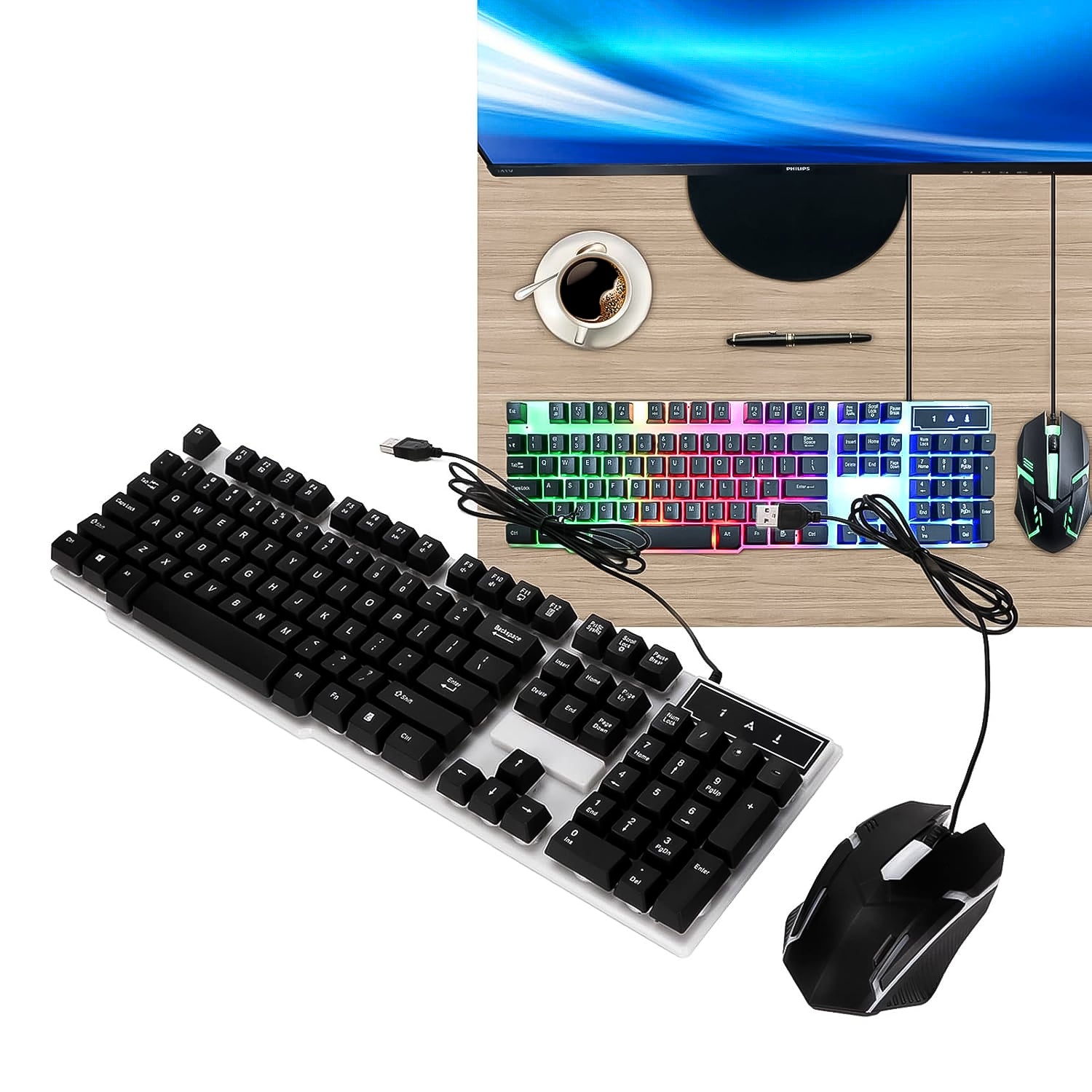104 Key Wired USB Gaming Keyboard and Mouse Combo Backlit Ergonomic Colorful Keyboard Mouse Set for Laptop PC and Desktop (2 Pc Set)