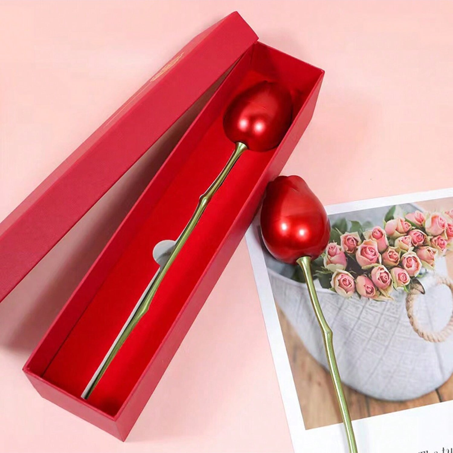 Metal Red Rose Couple Jewelry Box Romantic Ring Box for Proposal Engagement Wedding Anniversary and Valentine's Day Gift (1 Pc)