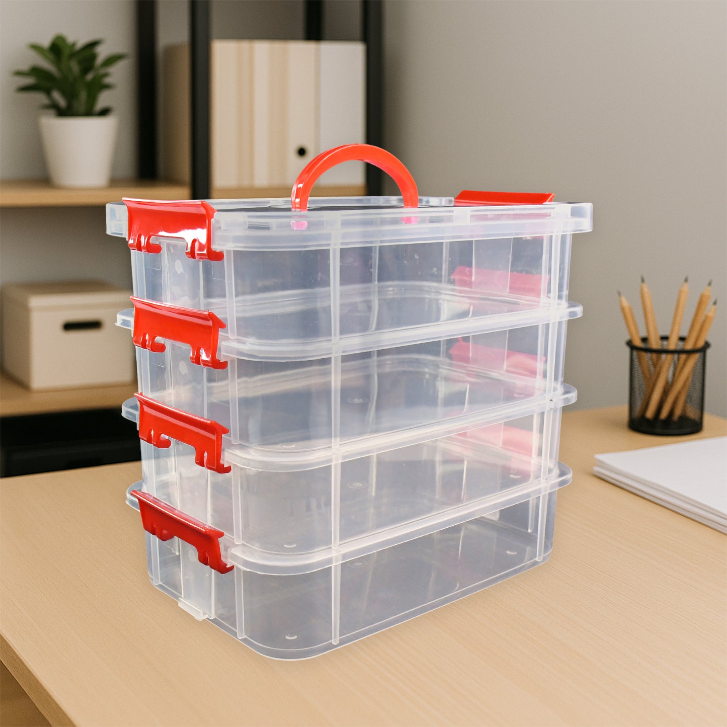 4 Layer Transparent Plastic Storage Box with Handle Stackable Modular Organizer Container for Jewelry Beads Tools Sewing Accessories Hardware and Stationery (1 Pc)
