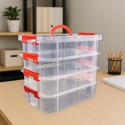 4 Layer Transparent Plastic Storage Box with Handle Stackable Modular Organizer Container for Jewelry Beads Tools Sewing Accessories Hardware and Stationery (1 Pc)