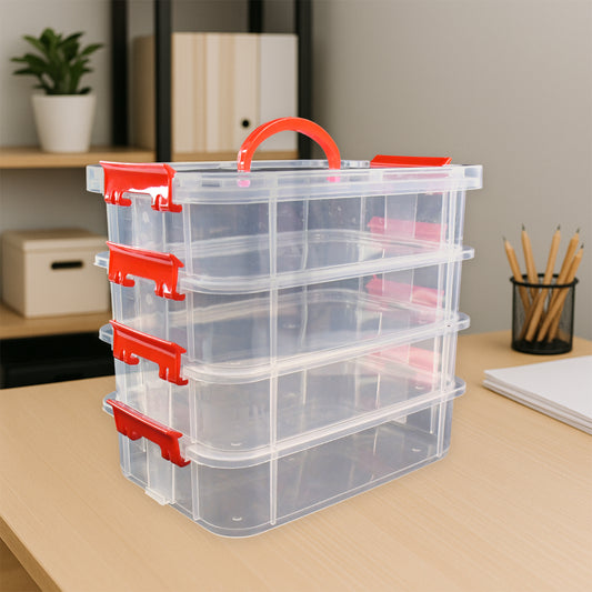 4 Layer Transparent Plastic Storage Box with Handle Stackable Modular Organizer Container for Jewelry Beads Tools Sewing Accessories Hardware and Stationery (1 Pc)
