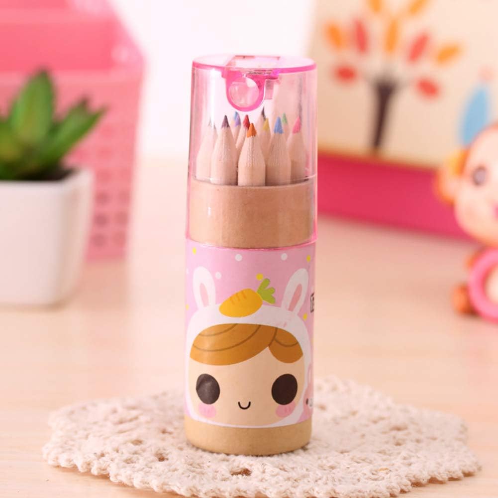 12 Colouring Pencils Kids Set with Built-in Sharpener | Kawaii 3-in-1 Pencil Holder (1 Set) Mini Drawing Colored Pencils
