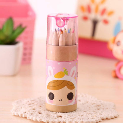 12 Colouring Pencils Kids Set with Built-in Sharpener | Kawaii 3-in-1 Pencil Holder (1 Set) Mini Drawing Colored Pencils