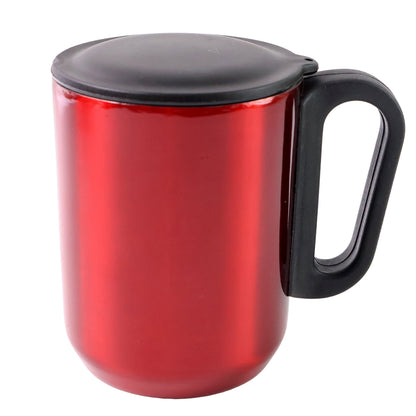 Stainless Steel Metallic Coffee Mug with Handle and Lid | Insulated Single Wall Steel Cup for Hot n Cold Beverages | Elegant Red Finish 300ML | 1 Pc