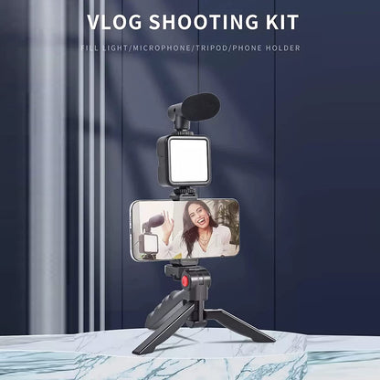 Vlogging Kit for Video Making with Microphone, Mini Tripod Stand, LED Light and Phone Holder Clip for Smartphones (1 Set)