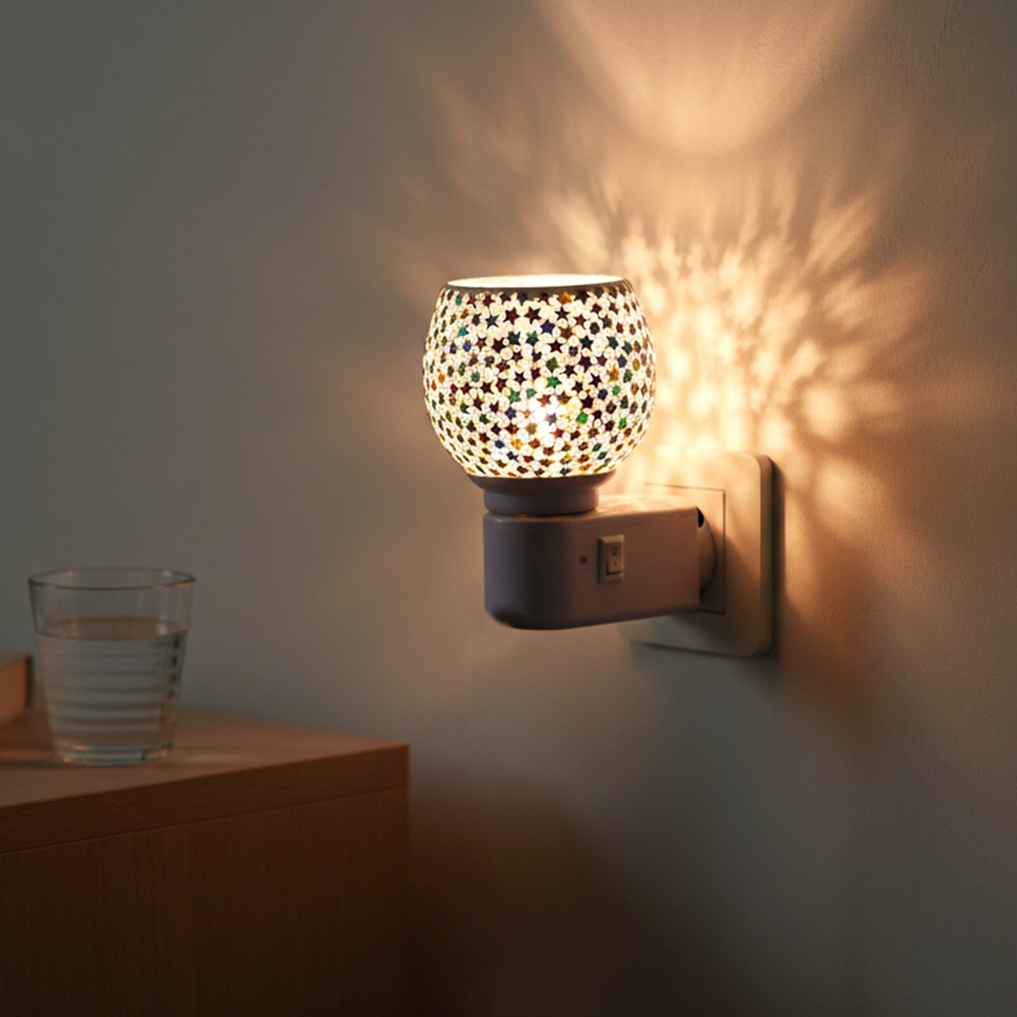 Decorative Star Pattern Mosaic Glass Plug In Night Lamp with On Off Switch Warm Ambient LED Light for Bedroom Living Room Hallway and Home Decor 1 Piece