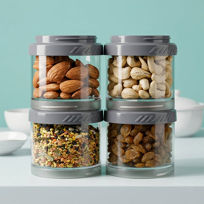 Multipurpose Multi Connecting Stackable Storage Container Set Modular Airtight Transparent Kitchen Jars for Spices Dry Fruits Snacks and Pantry Storage (4 Pc Set)
