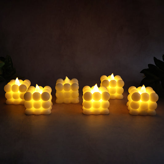 Set of 6 Decorative LED Bubble Cube Flameless Candles with Warm White Glow Battery Operated Tealight Candles for Home Diwali Wedding Party and Festive Decoration