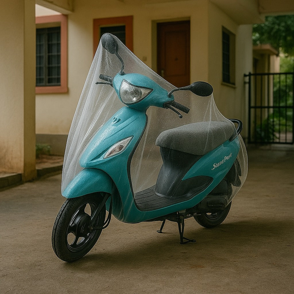 Disposable Plastic Activa Cover – Small Size Dustproof and Waterproof Bike Cover for Rain Protection – Transparent One-Time Use Scooter Cover for Outdoor Parking, Monsoon and Travel Use (1 Pc)