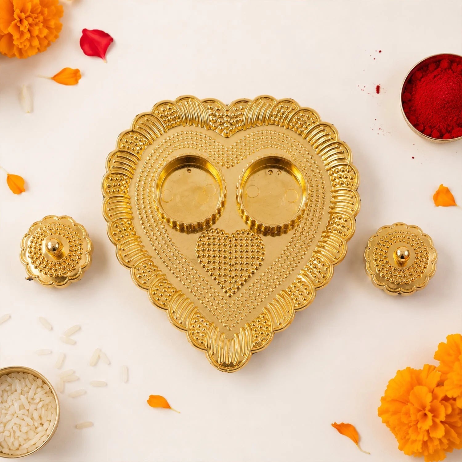 Heart Shaped Kankavati Kumkum Holder, Decorative Golden Roli Chawal Box with Lidded Containers for Puja, Tilak, Home Temple and Festive Rituals (1 Pc)