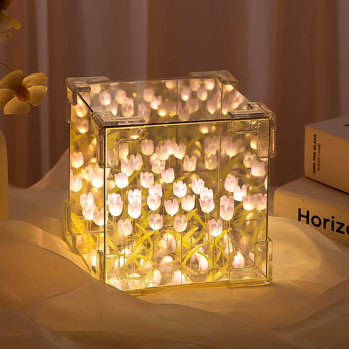 Cube Tulip Night Lamp | 2-in-1 Mirror & LED Decorative Table Lamp (Multicolor) Mirror by day. Magical tulip garden by night.