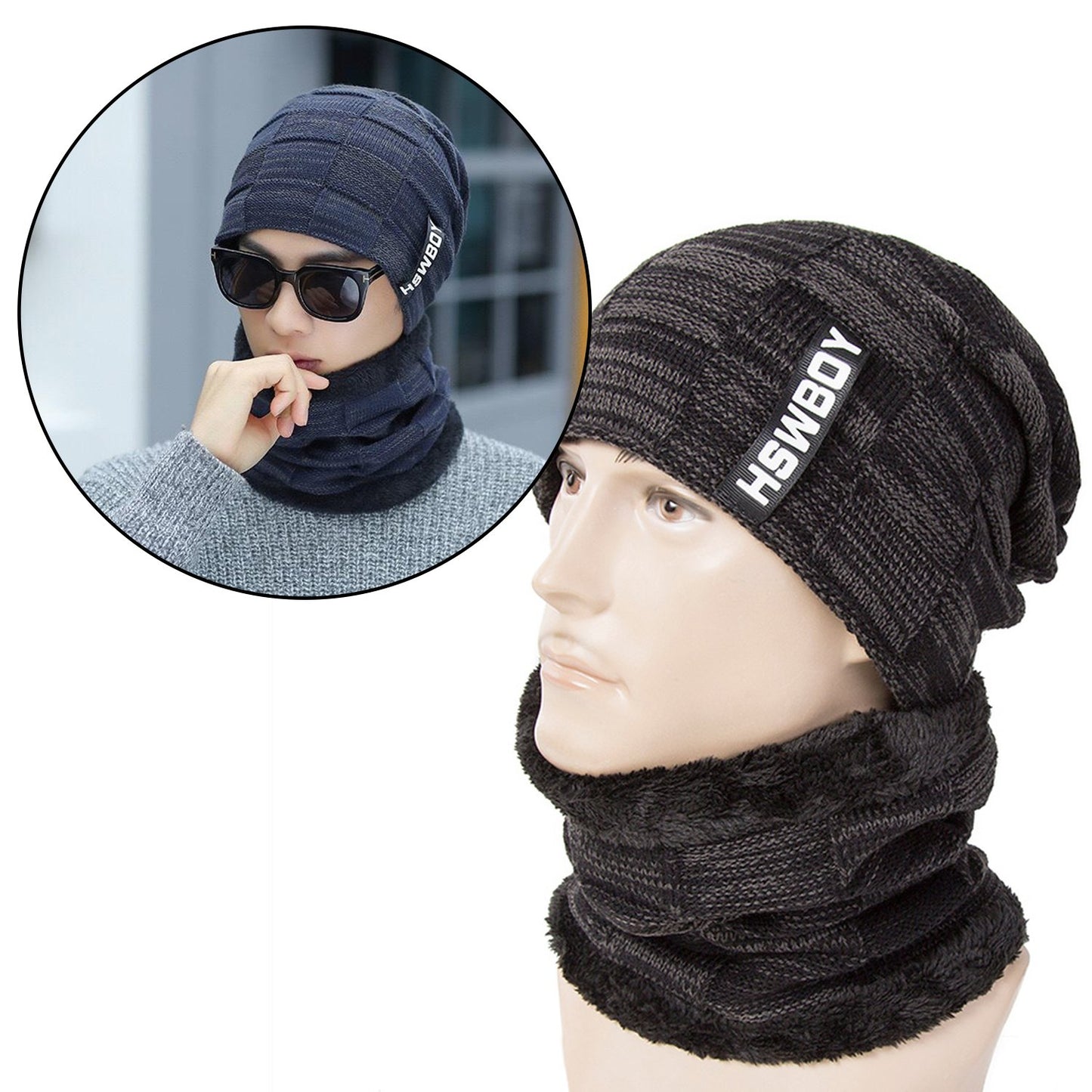 Ultra Soft Unisex Woollen Beanie Cap and Muffler Scarf Set Winter Thermal Knit Cap with Warm Fleece Lining
