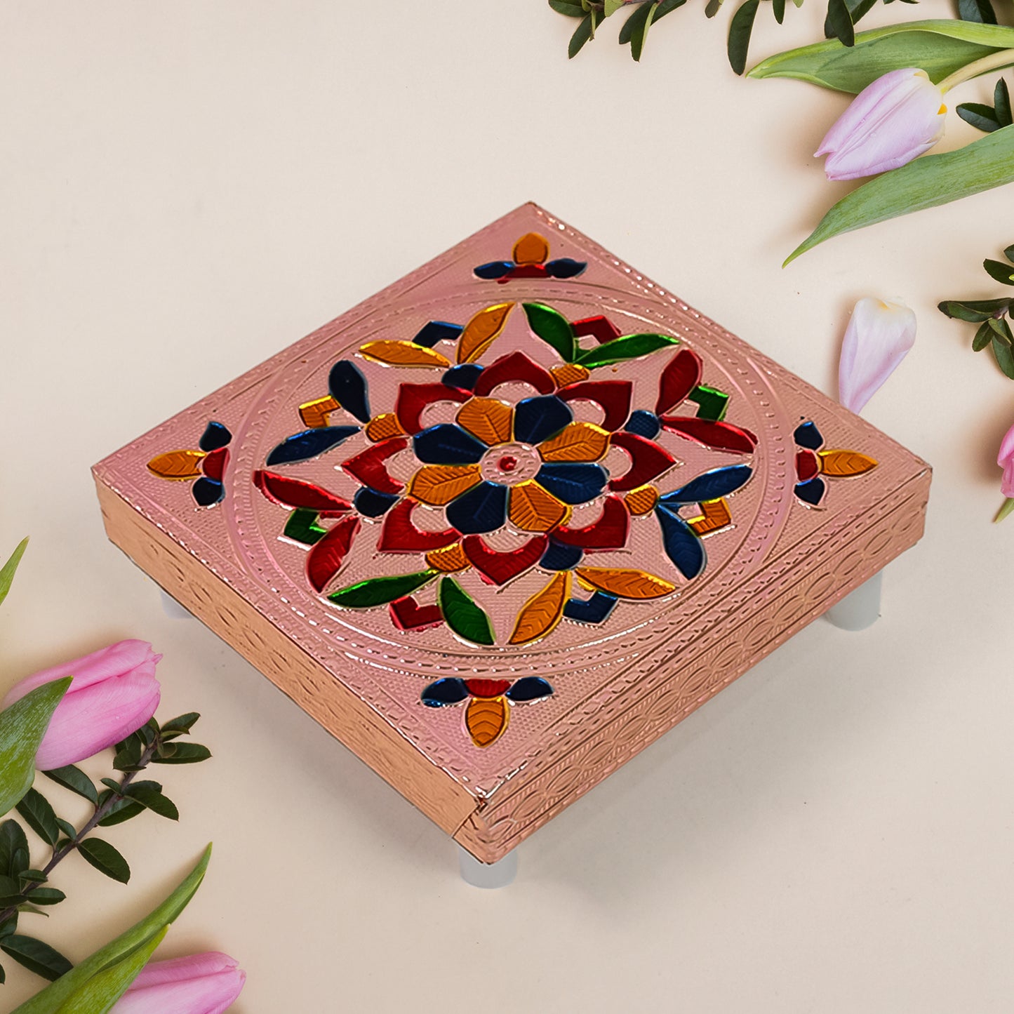 Handcrafted Meenakari Wooden Chowki Bajot for Puja | Hand Painted Multicolour Wooden Pooja Stand for God Idols, Kalash, Diya and Home Temple Décor (1 Piece)