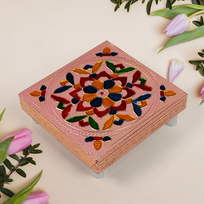Handcrafted Meenakari Wooden Chowki Bajot for Puja | Hand Painted Multicolour Wooden Pooja Stand for God Idols, Kalash, Diya and Home Temple Décor (1 Piece)