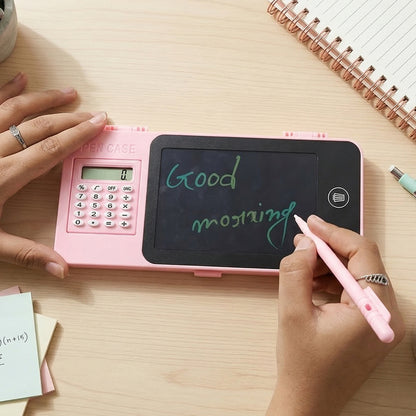 LCD Writing Tablet Pencil Case with Built-in Calculator | Digital Writing Pad and Stationery Storage Box for Students