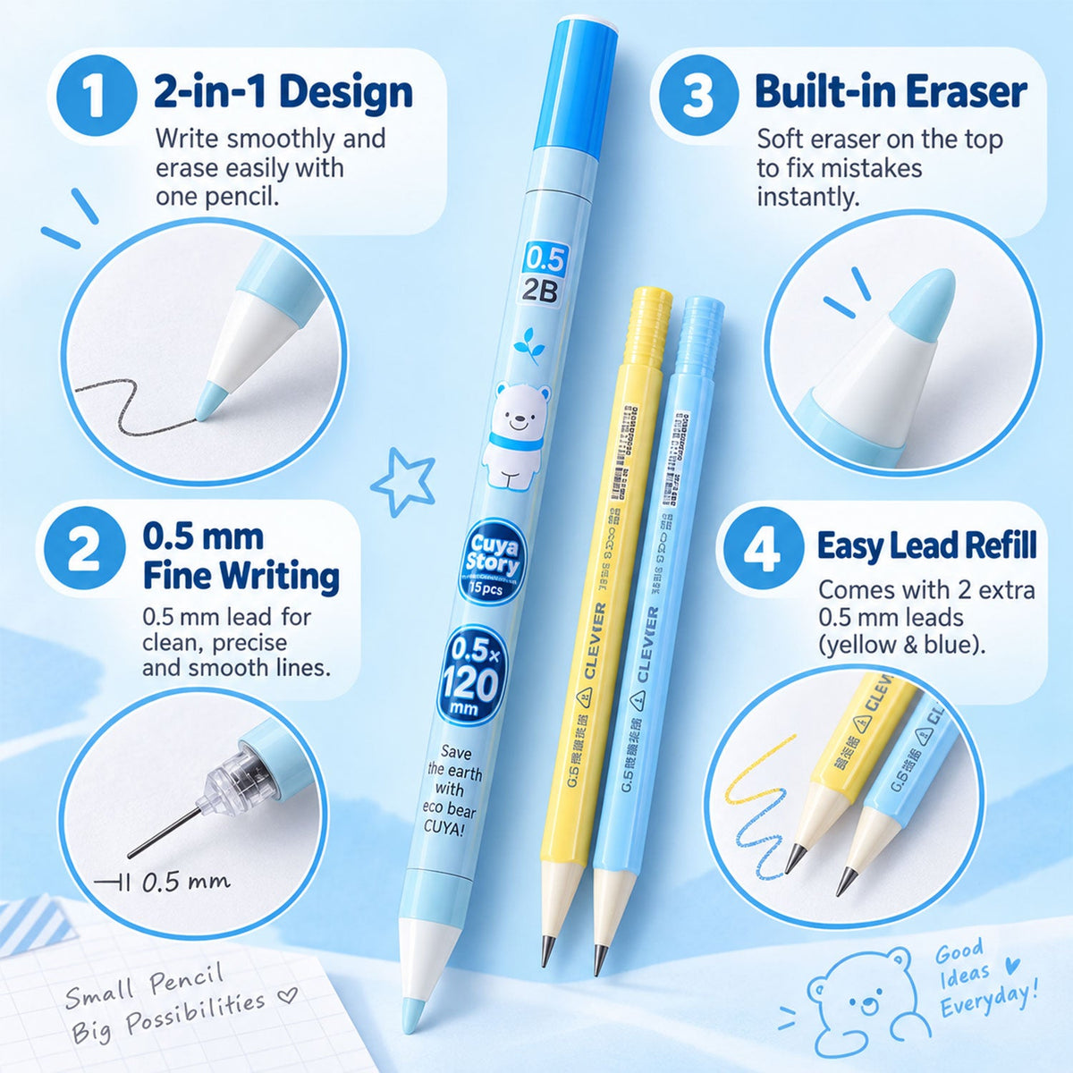 Retractable Mechanical Pencil Set With Eraser For School And Office Writing Use