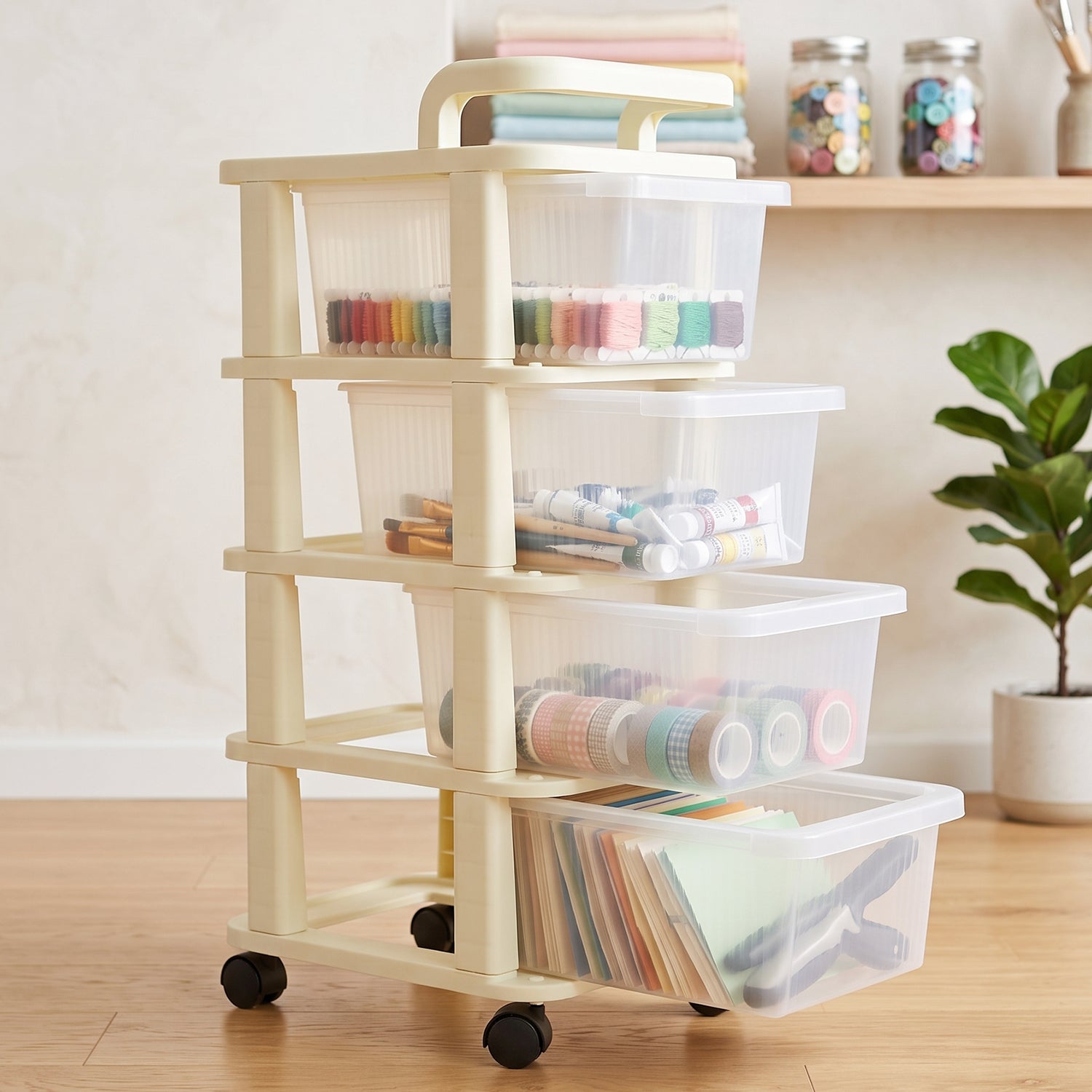 4 Tier Plastic Storage Trolley with Wheels Rolling Drawer Organizer Cart for Kitchen Bathroom Office Craft Supplies and Home Storage (1 Pc)
