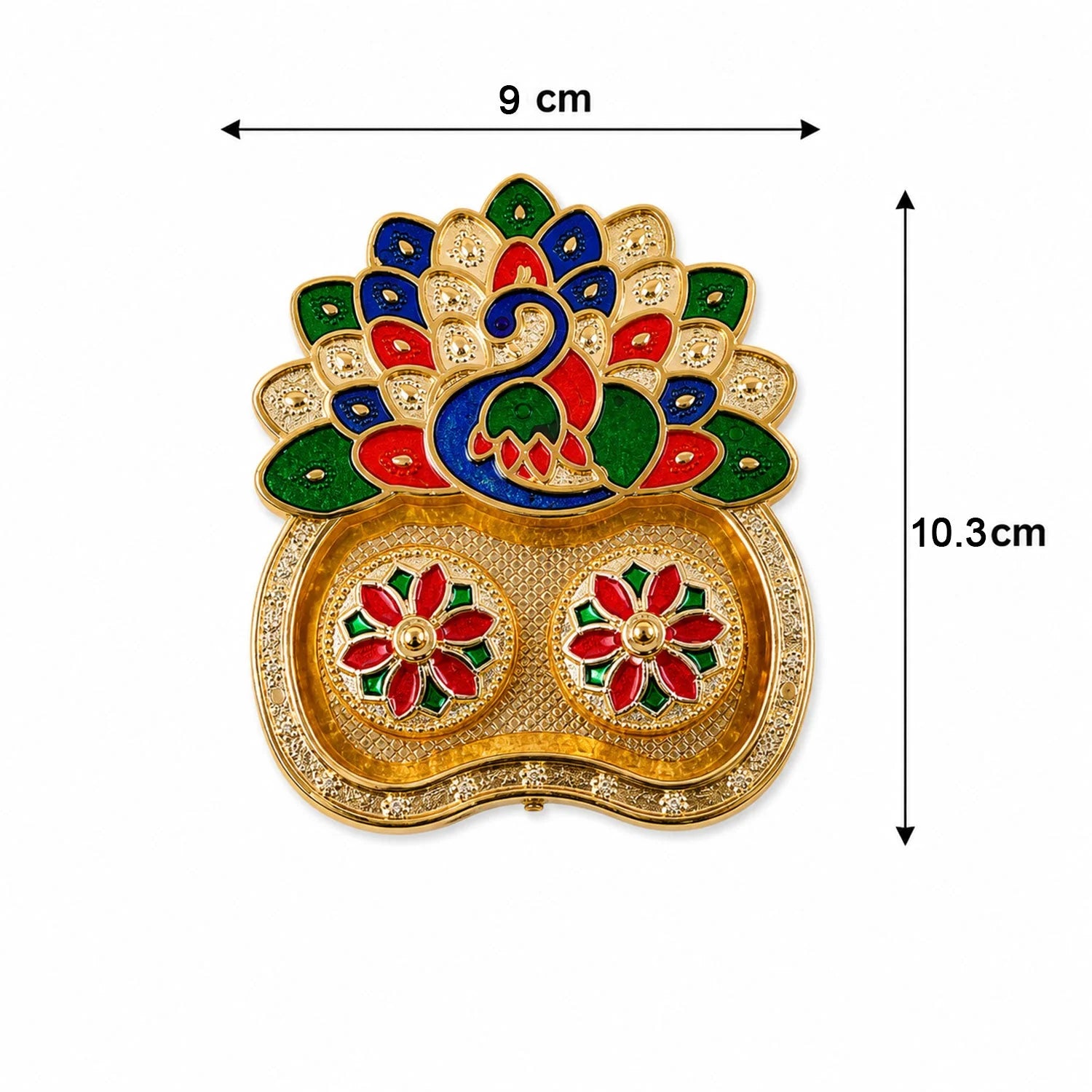 Peacock Shaped Kankavati Kumkum Holder, Decorative Golden Roli Chawal Box with Lidded Containers for Puja, Tilak, Home Temple and Festive Rituals (1 Pc)