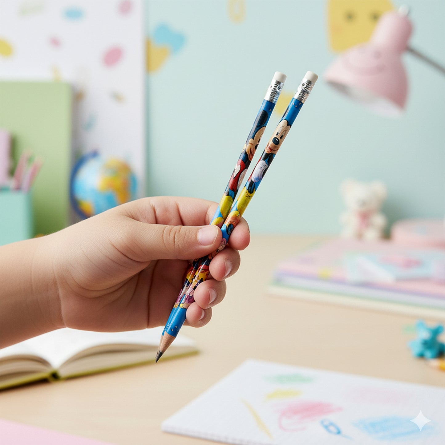 Premium Cartoon-Printed Graphite Pencils Set for Kids – 12-Piece Pack with Eraser Tips. Attractive Multicolour Character Design Pencils for Daily Use