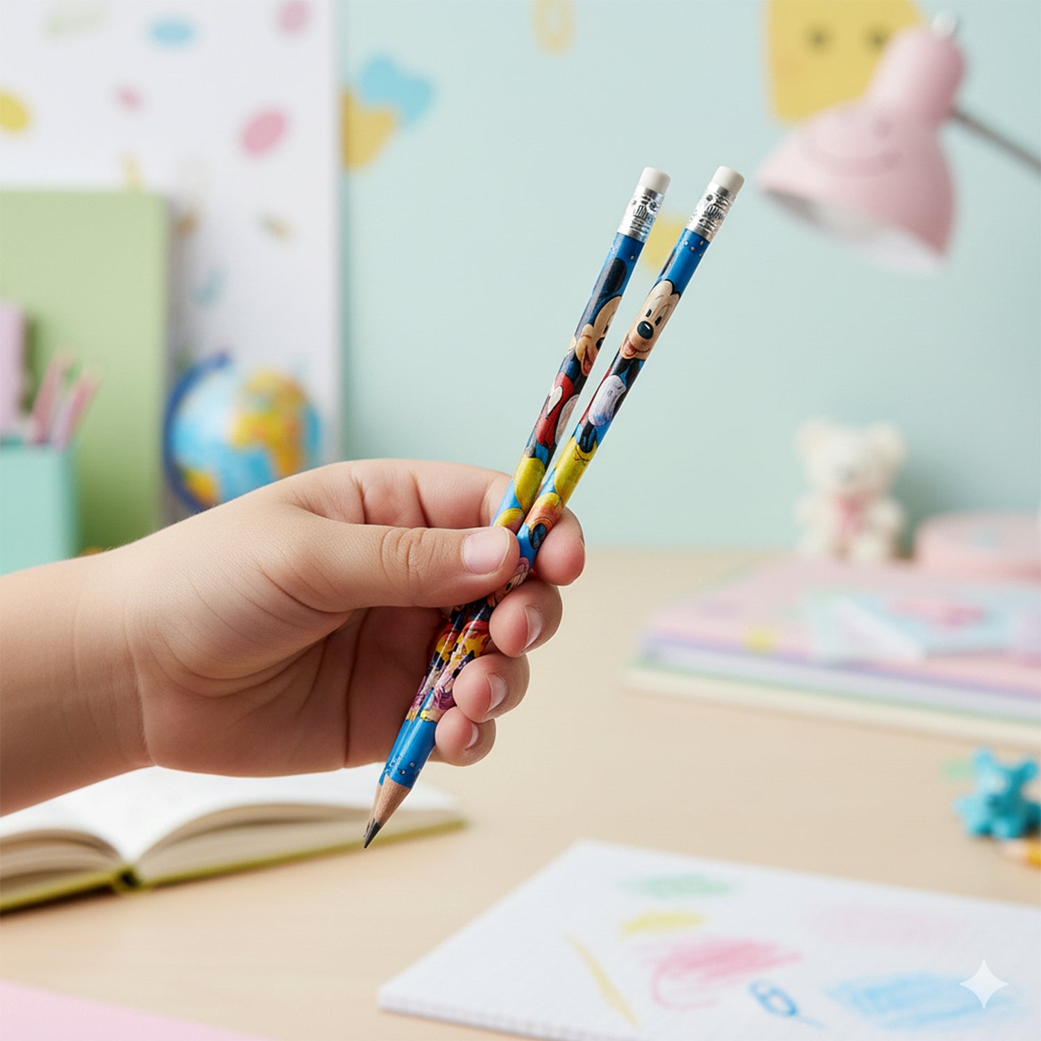 Premium Cartoon-Printed Graphite Pencils Set for Kids – 12-Piece Pack with Eraser Tips. Attractive Multicolour Character Design Pencils for Daily Use