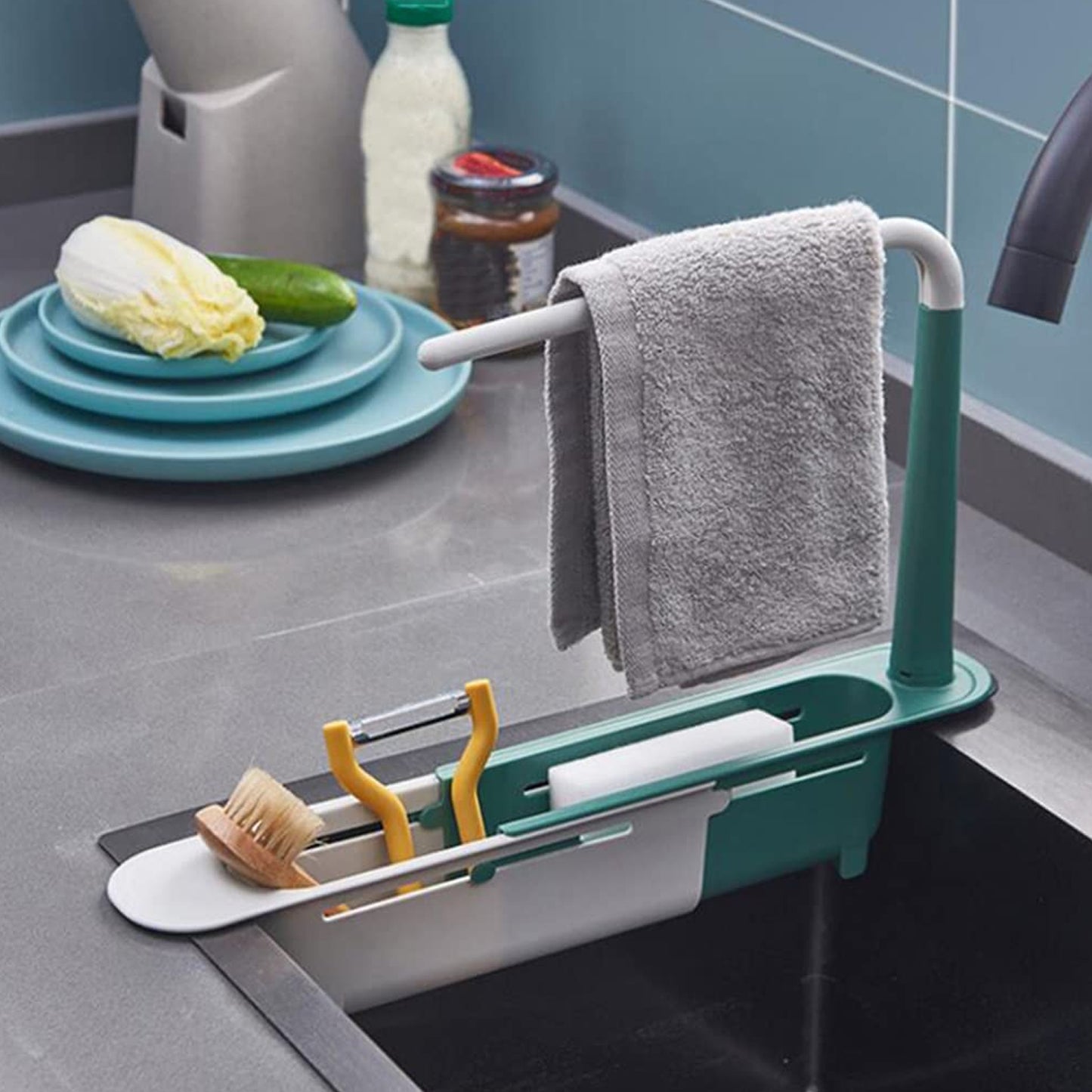 Expandable Kitchen Sink Drying Basket Rack Adjustable Drain Storage Organizer for Sponge, Soap, Brush and Dishwashing Essentials (1 Pc)