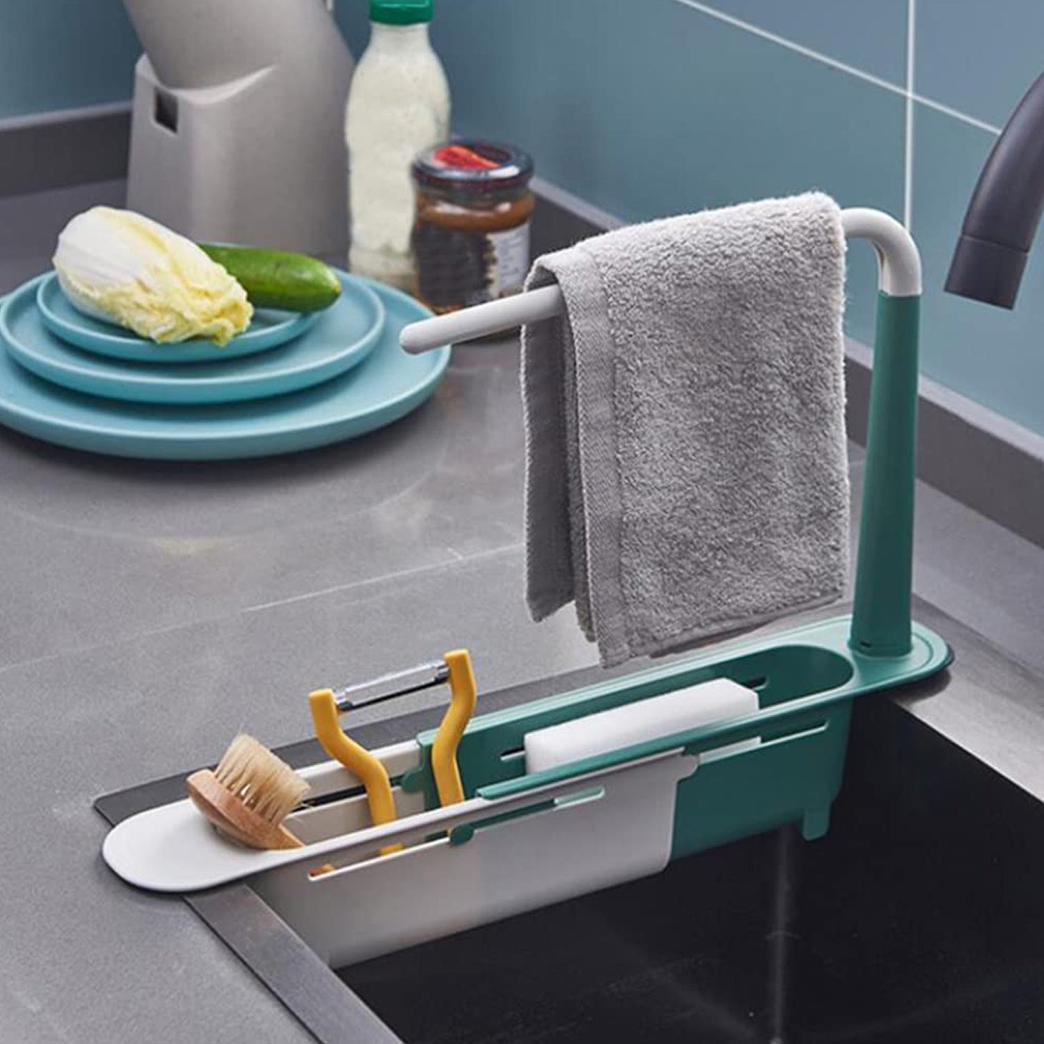 Expandable Kitchen Sink Drying Basket Rack Adjustable Drain Storage Organizer for Sponge, Soap, Brush and Dishwashing Essentials (1 Pc)