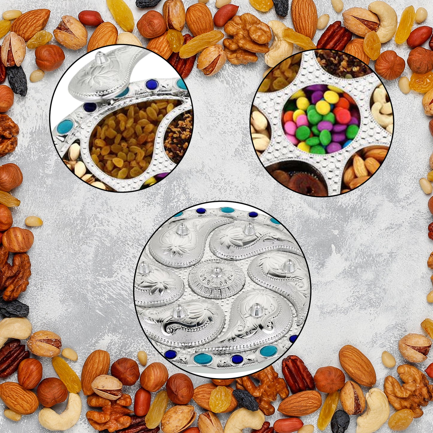Multipurpose 7 Compartment Rotating Dry Fruit Serving Tray with Lid for Snacks, Candy, Chocolate, Namkeen and Masala Storage (1 Pc)