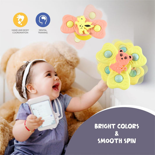 BuzzyBaby Spinner Toy Set – Suction Cup Spinning Toys for Sensory Development, Tummy Time Play &; Early Learning Stimulation (3 Pc Set)