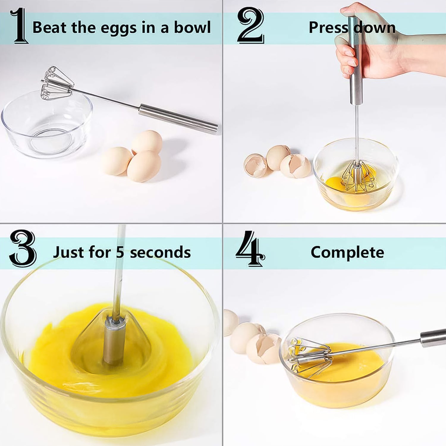 Stainless Steel Push Egg Whisk and Hand Blender – Manual Egg Beater, Milk Frother and Kitchen Mixing Tool