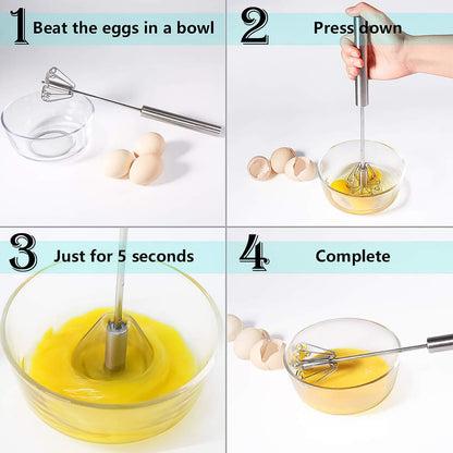 Stainless Steel Push Egg Whisk and Hand Blender – Manual Egg Beater, Milk Frother and Kitchen Mixing Tool