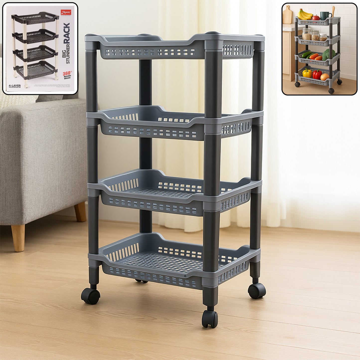 Apex 4 Layer Big Multipurpose Plastic Storage Rack Durable Kitchen and Home Organizer Shelf Stand for Vegetables Fruits Toys and Household Items (1 Pc)
