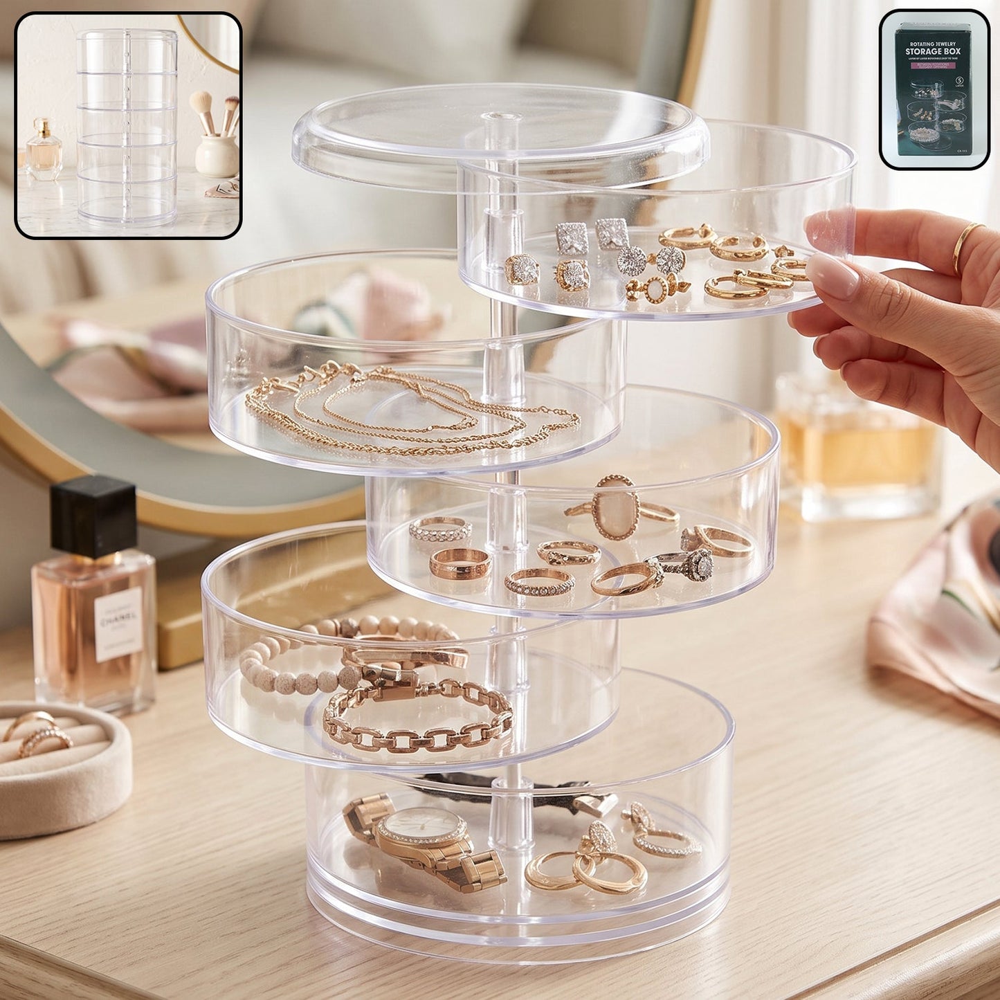 5 Layer Rotating Jewelry Storage Box Transparent Organizer for Rings Earrings Necklaces Bracelets and Watches (1 Pc)