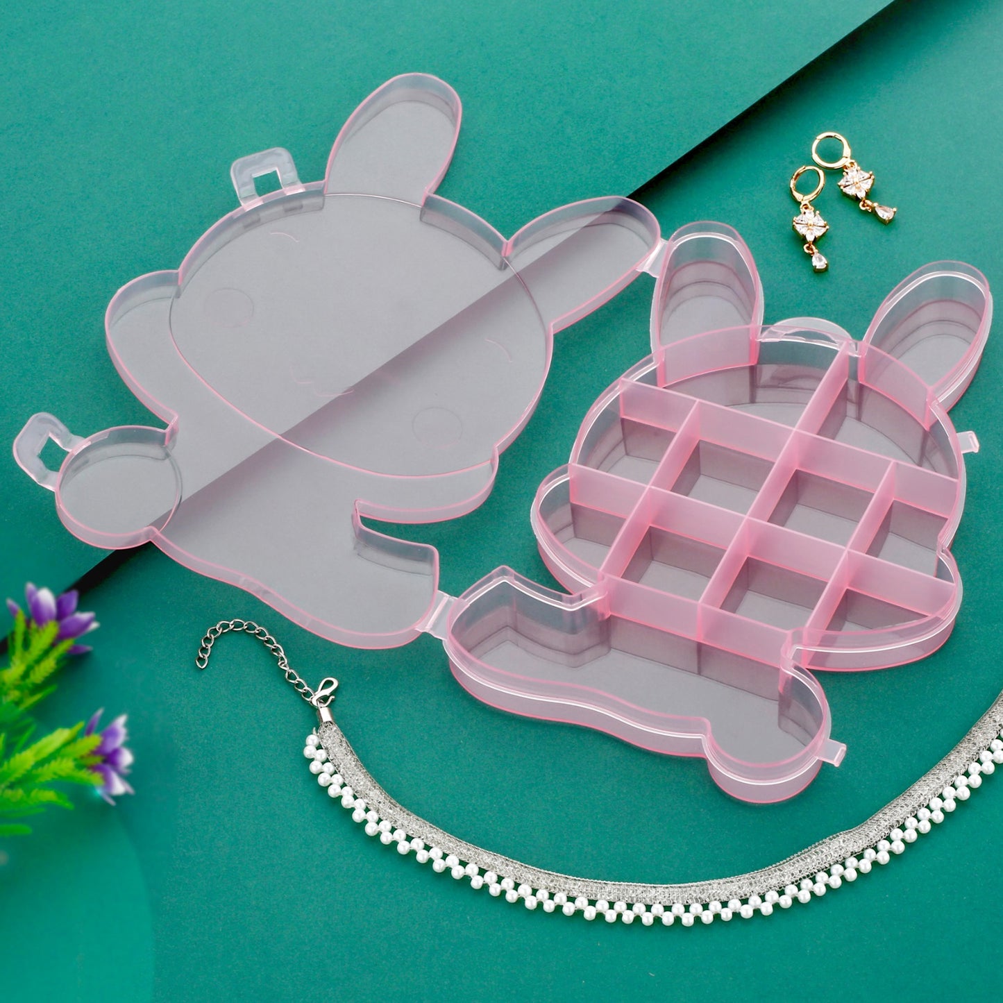 Transparent Cartoon Bear Jewelry Storage Box Clear Plastic Organizer for Earrings, Rings, Accessories and Small Items (1 Pc Random Color)