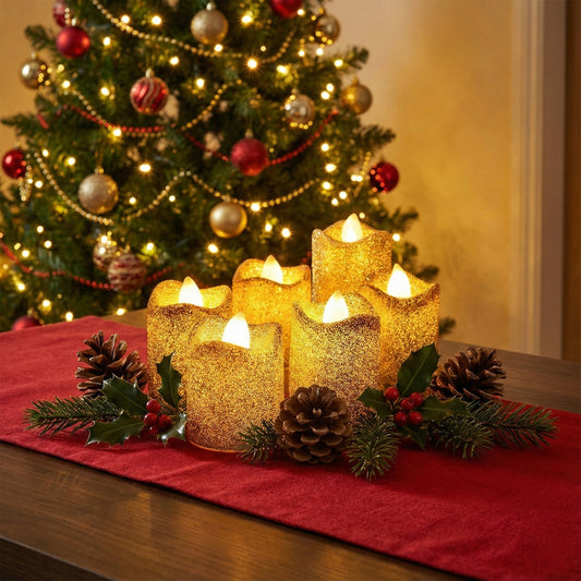 Christmas Premium Glitter Led Tealight Candles (6 Pc Set)