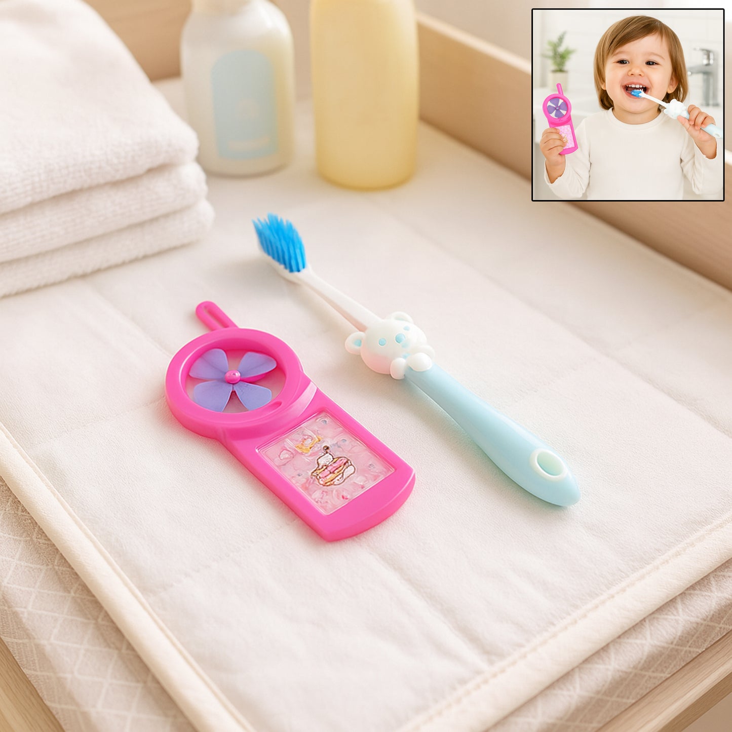 Kids Toothbrush and Fan Toy Set – Fun and Interactive Oral Care Combo for Kids | Includes Bear-Themed Toothbrush and Colorful Fan Toy | Perfect for Little Ones
