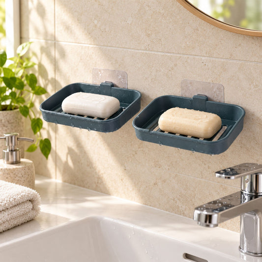 Wall Mounted Plastic Soap Dish With Drainage And Adhesive Hooks - Apex(2 Pc Set)