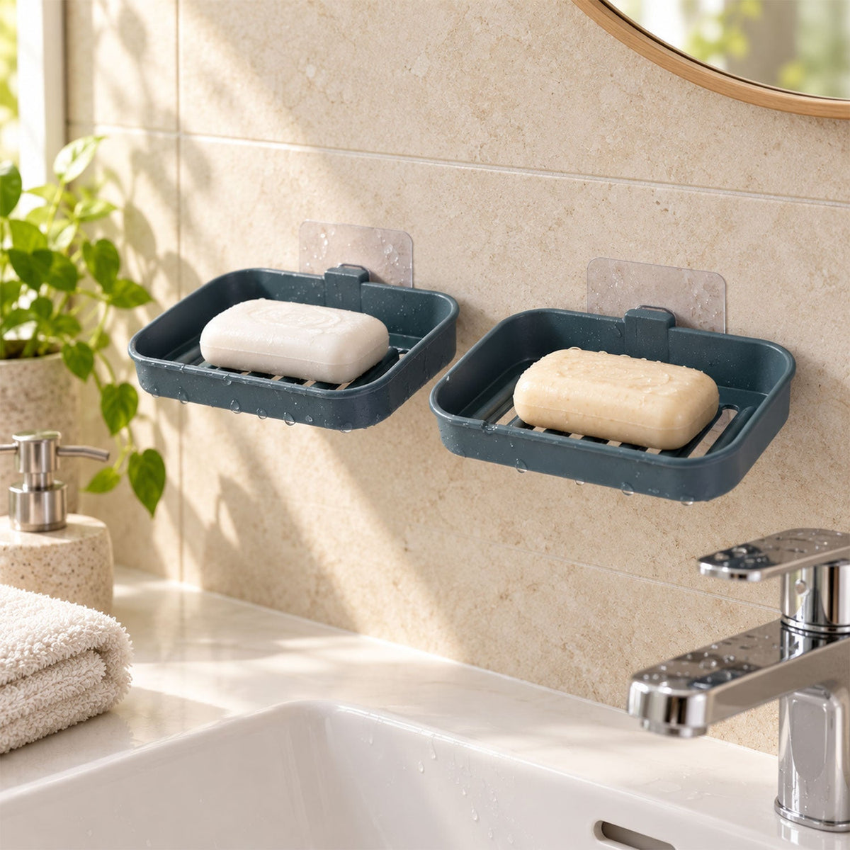 Wall Mounted Plastic Soap Dish With Drainage And Adhesive Hooks - Apex(2 Pc Set)