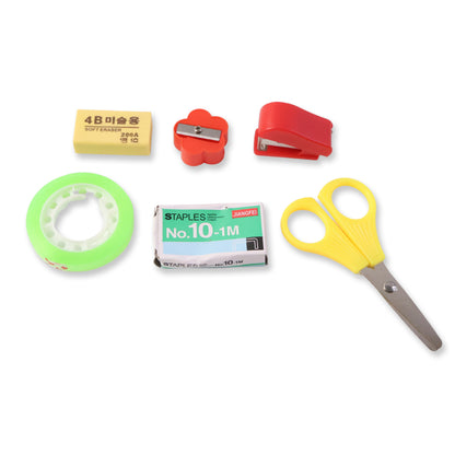 6 in 1 Multipurpose Mini Stationery Kit for Students & Office Use – Compact Daily Essentials Set with Stapler, Scissors, Tape, Sharpener, Eraser & Staples (Single Combo Pack)