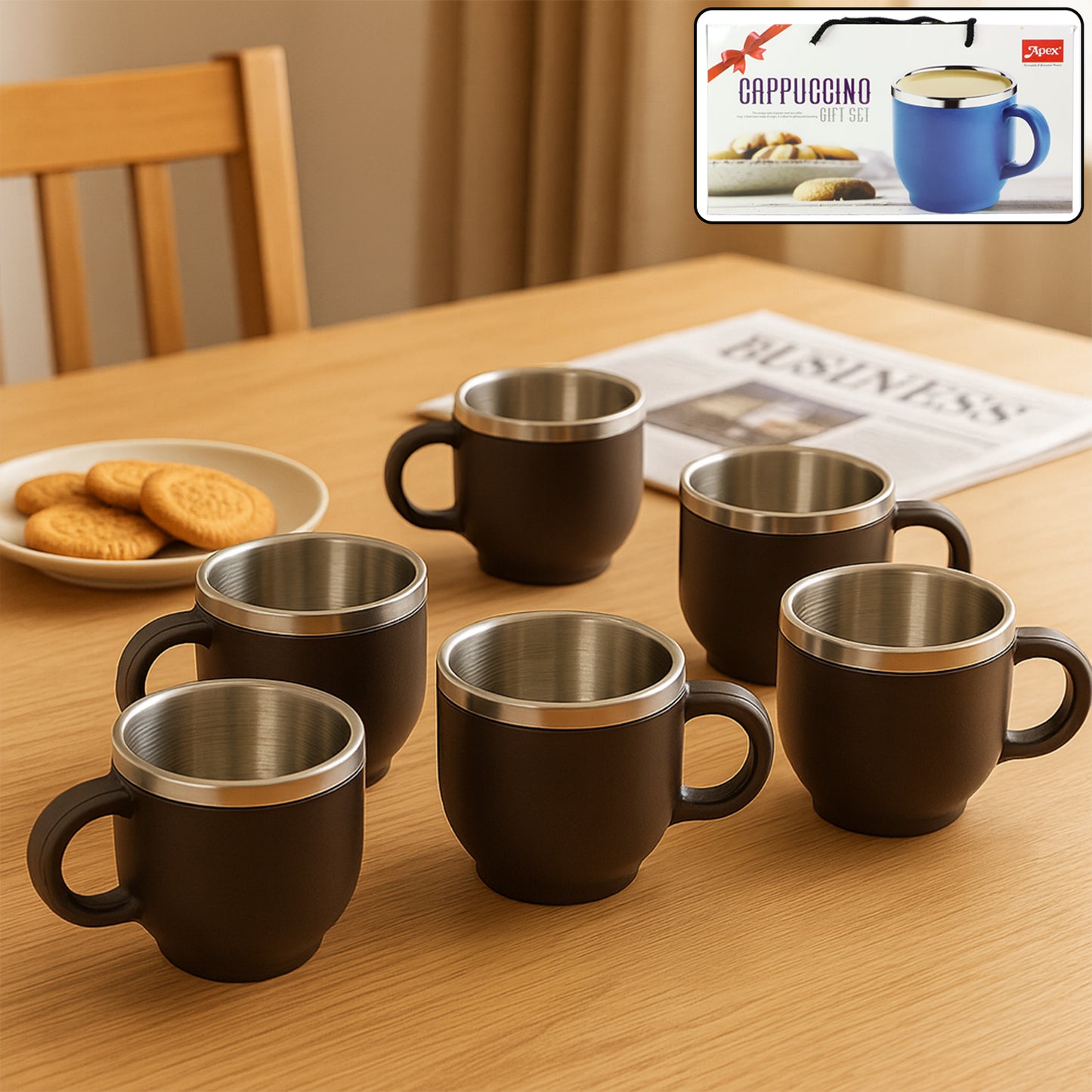 Apex Premium Double Wall Stainless Steel Cappuccino Mug Gift Set – 100 ML Insulated Coffee and Tea Cups with Handle – Set of 6 Brown Finish