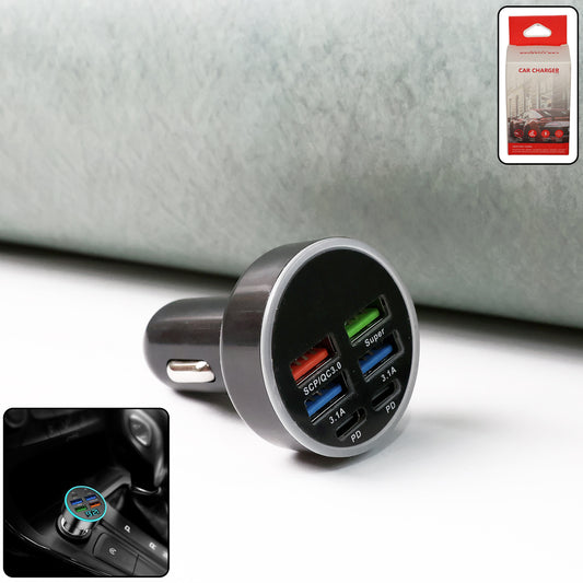 Multi-Port Fast Car Charger for 12V/24V Vehicles | 4-Port USB Car Charger with PD, QC3.0 Fast Charging, LED Ring & Smart Multi-Protection Adapter (1 Pc)