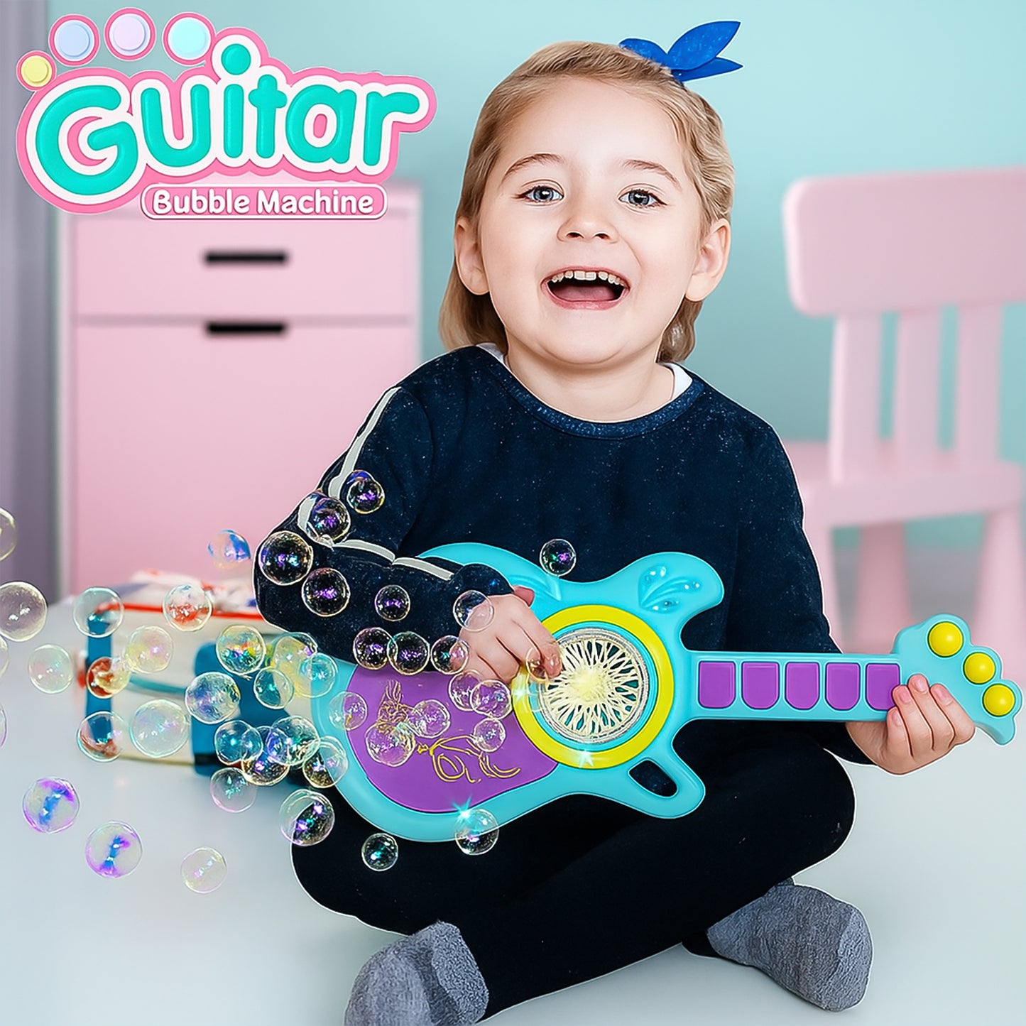 Electric Automatic Guitar Shaped Bubble Machine for Kids Battery Operated Bubble Maker Toy with Soap Solution Durable Bubble Blower for Indoor Outdoor Play Birthday Parties and Kids Activities (1 Set)