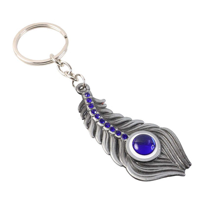 Elegant Metal Peacock Feather Keychain – Stylish Silver-Toned Key Ring with Blue Gem Design for Car, Bike, Home and Office Keys (1 Pc)