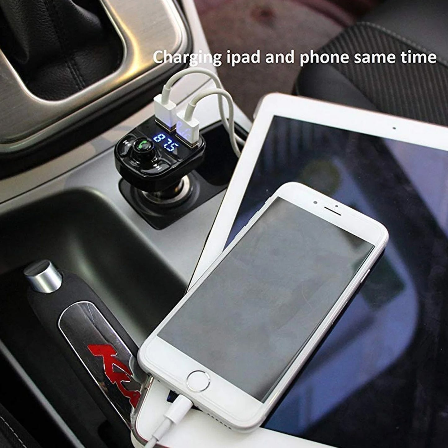 Wireless Car FM Transmitter with Dual USB Fast Charging Bluetooth Handsfree Calling Music Player LED Display and Control Knob (1 Pc)
