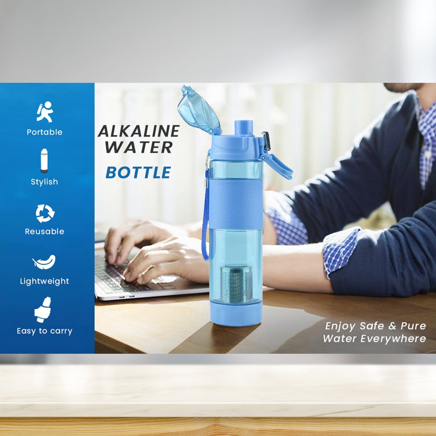 Portable Alkaline Water Bottle with Food Grade BPA Free Plastic and Mineral Filter Stylish Reusable Drinking Bottle for Home Office Gym and Travel