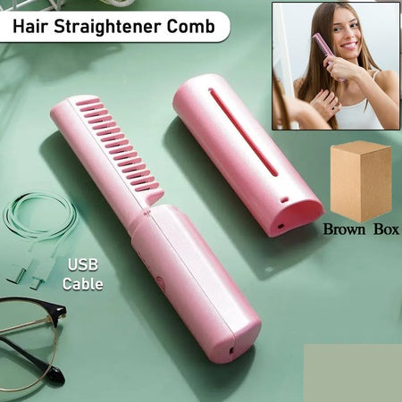 Rechargeable Mini Hair Straightener – Travel Portable USB Charging Cordless Hair Straightener Brush with Three Temperature Adjustments and Flat Iron Comb (1 Pc)