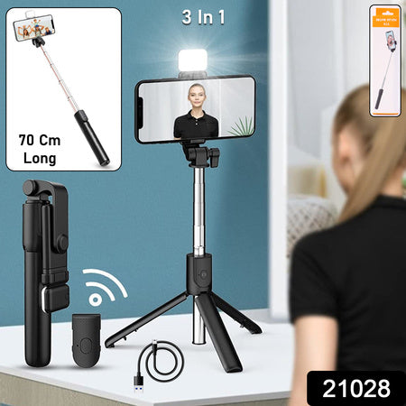 3 in 1 Wired Selfie Stick with Tripod Stand Built In Light Extendable Handle for Photography Video Recording Live Streaming (1 Pc)(70 Cm Long)