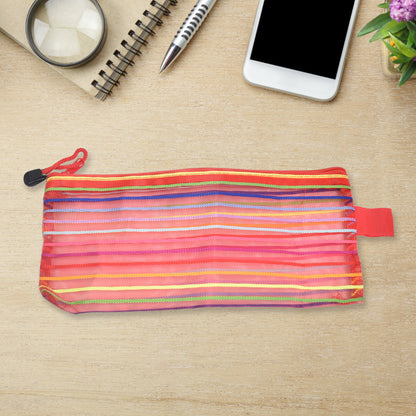 Transparent Nylon Mesh Multipurpose Zipper Pouch for Stationery, Cosmetics, Travel and Storage | Reusable Organizer Bag (Assorted Color, 1 Pc)